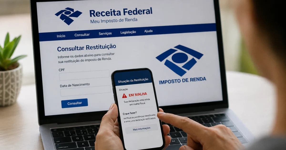 Pessoa consulta a situação da restituição do Imposto de Renda em celular diante de notebook com tela da Receita Federal.