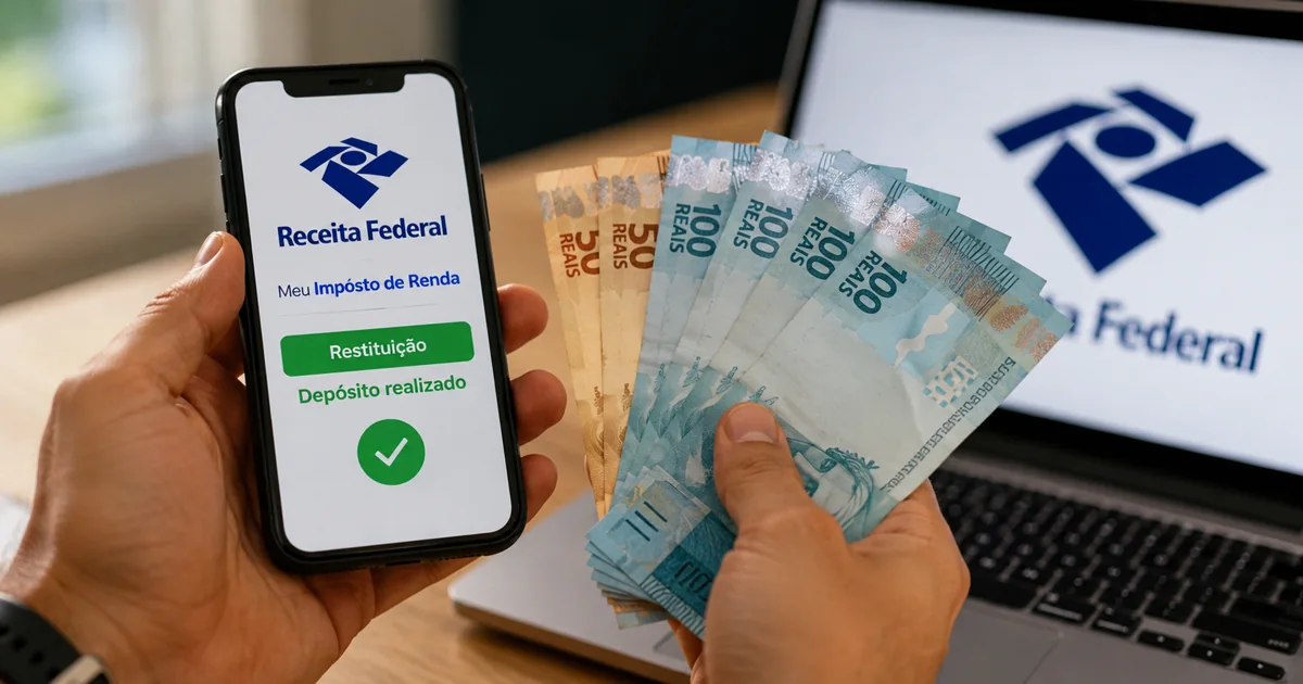 Pessoa consulta a restituição do Imposto de Renda no site da Receita Federal pelo computador.