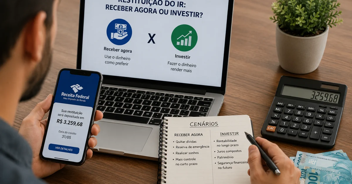 Pessoa compara usar a restituição do Imposto de Renda para despesas ou investimento em notebook, celular e calculadora.