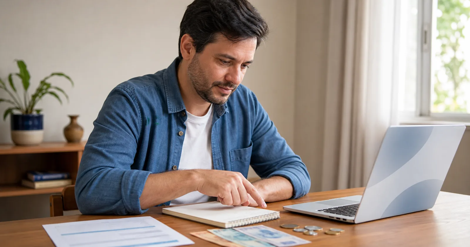 Homem consulta notebook e anotações para entender Tesouro Direto para iniciantes.